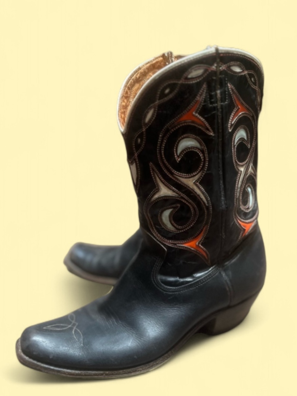 Vintage ACME 1950’s Black Leather Inlay Red and blue Cowboy Boots Women’s 9.5